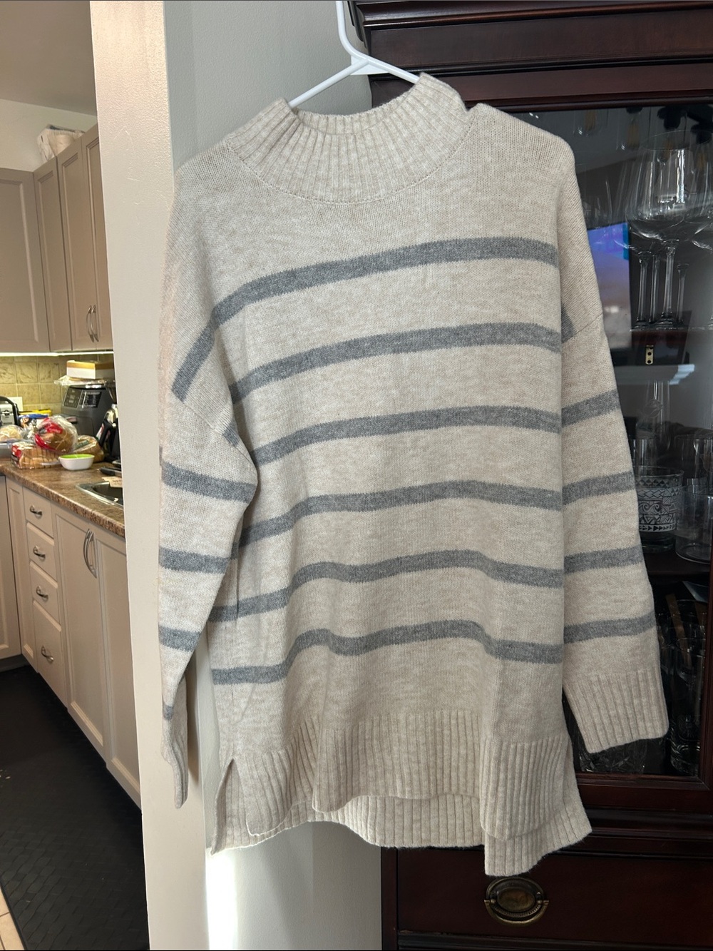 Reitmans Cream and Gray Striped Turtleneck Sweater